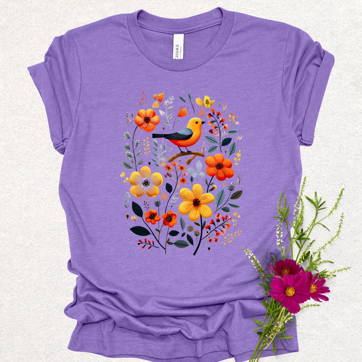 Golden Notes & Petals Floral Bird Tee