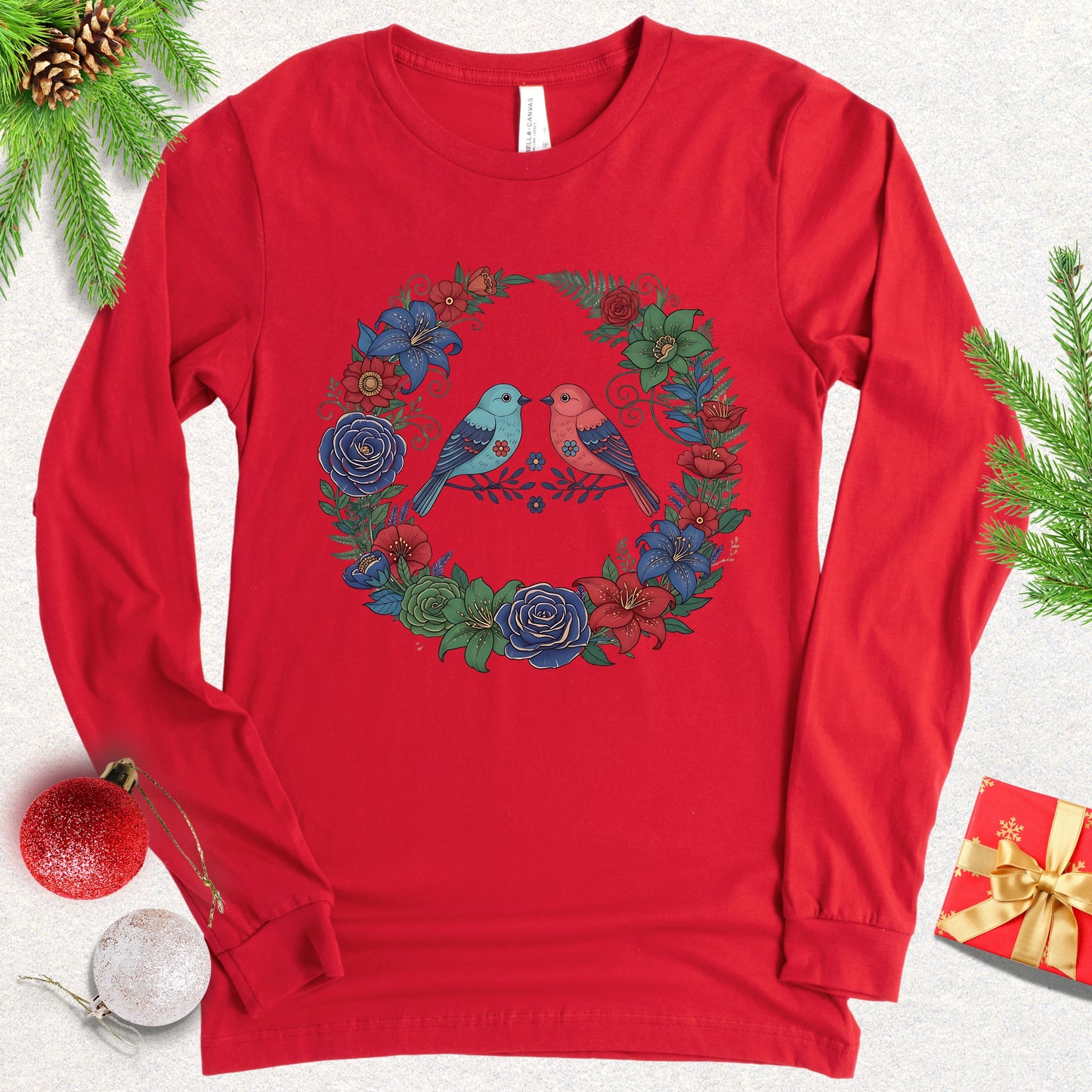Christmas Lovebirds Wreath Long Sleeve Shirt
