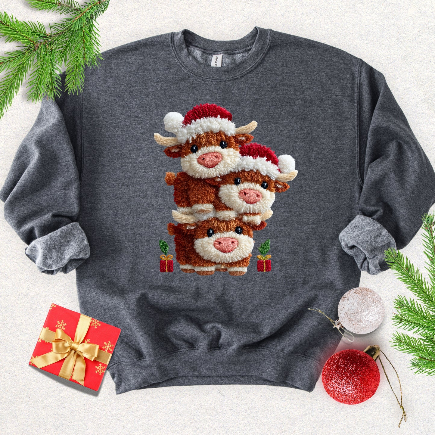 Faux Yarn Christmas Highland Cows Sweatshirt