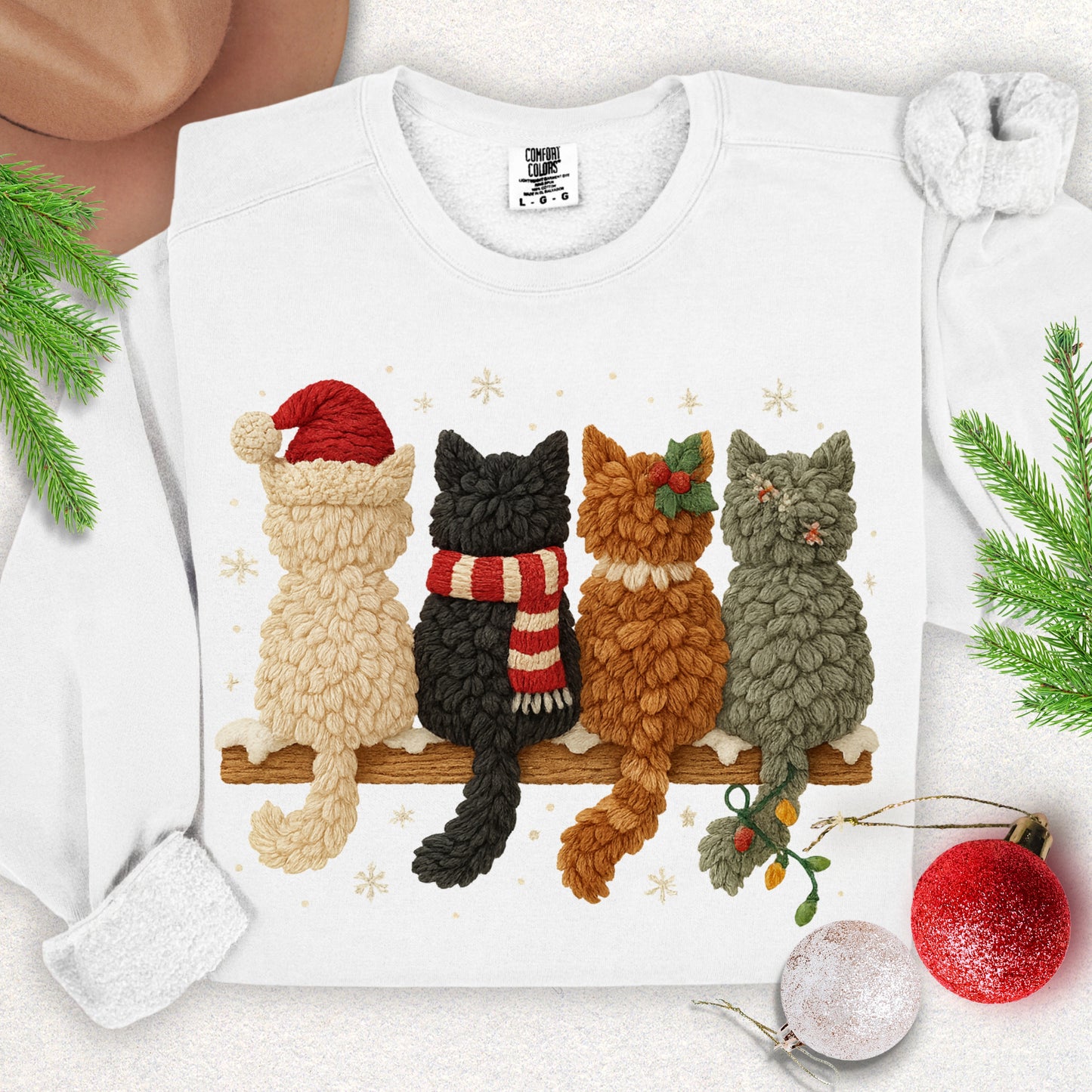 Faux Yarn Christmas Meow Crew Lightweight Sweatshirt