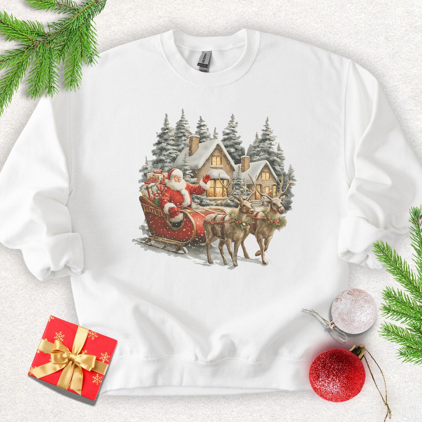 Santa Sleigh & Reindeer Winter Cottage Sweatshirt