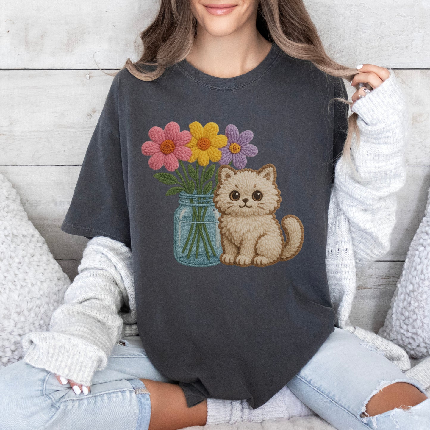 Faux Knit Cat & Flowers Tee