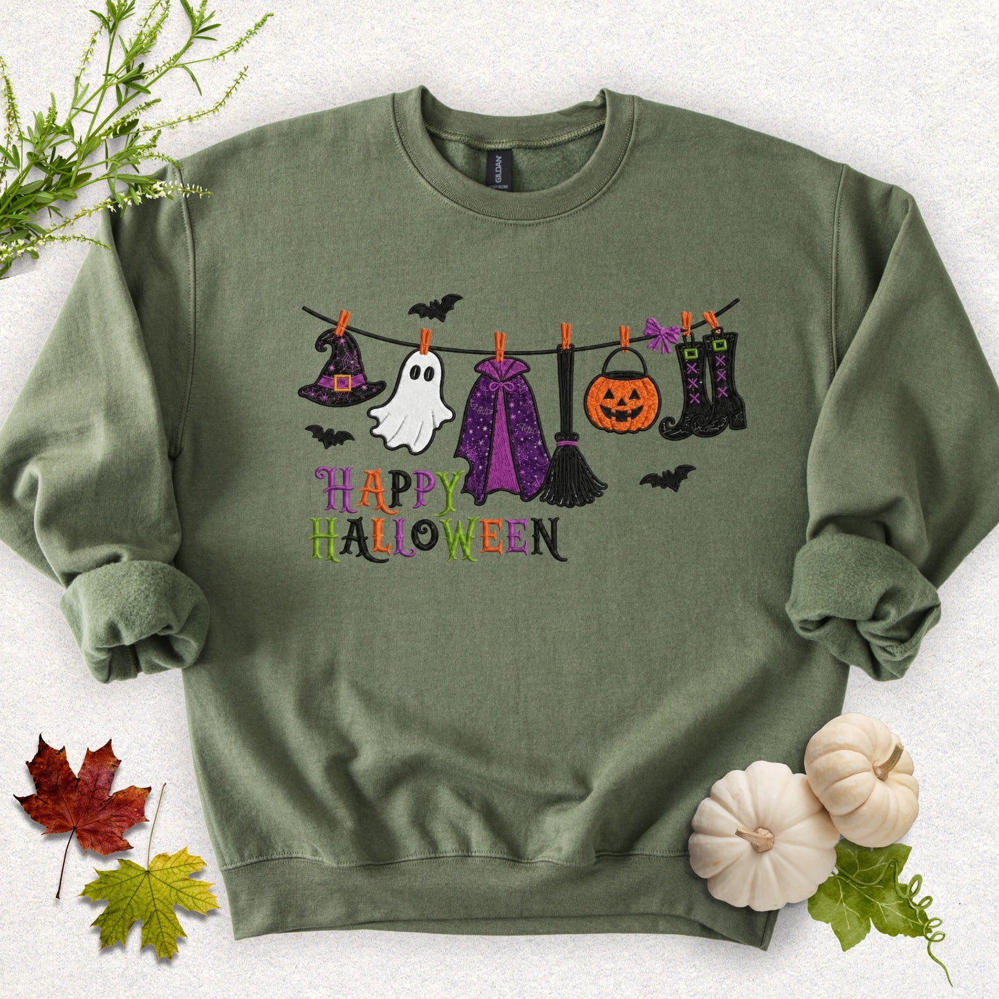 Faux Embroidery Hung Up on Halloween Sweatshirt
