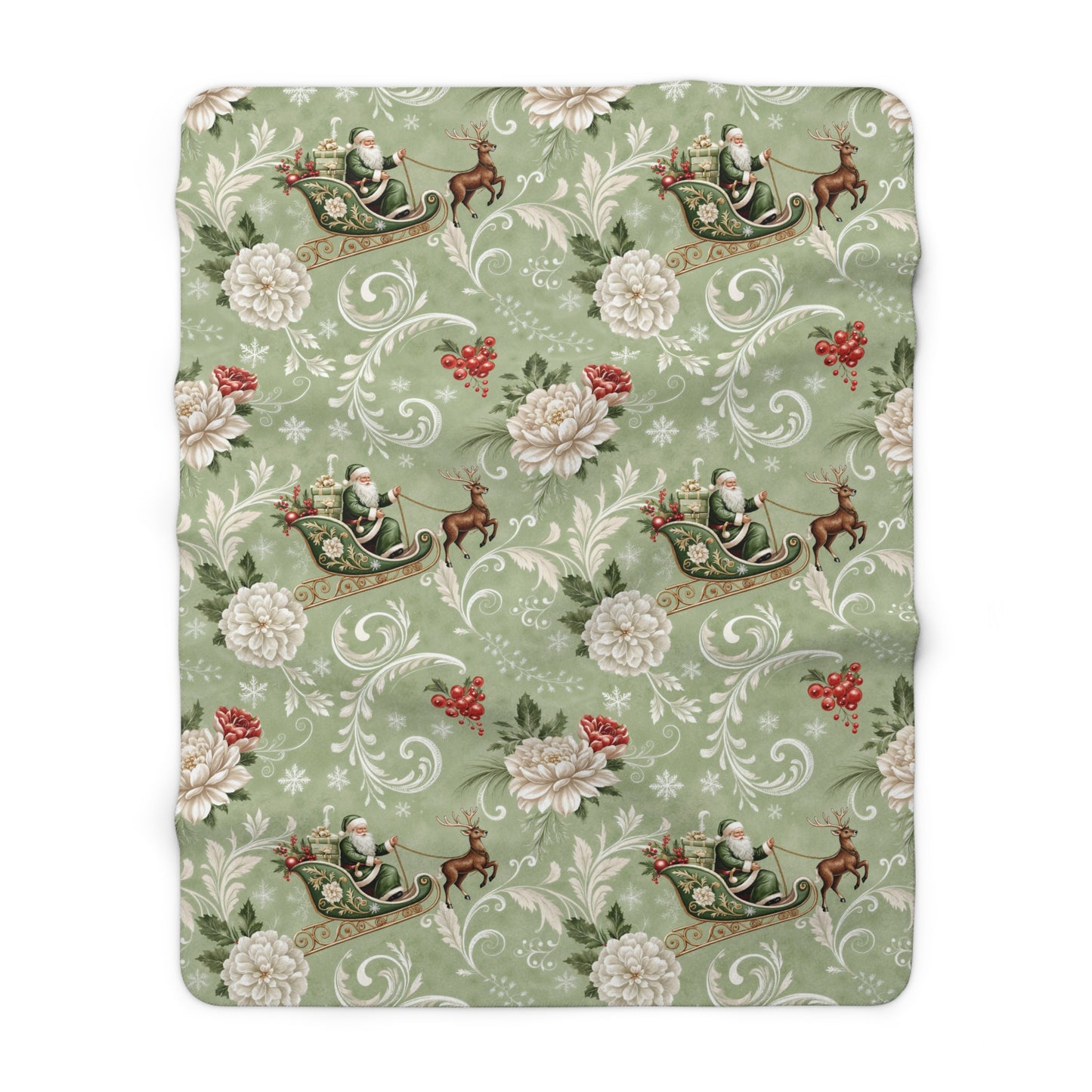 Floral Santa Sleigh Luxurious Sherpa Fleece Blanket