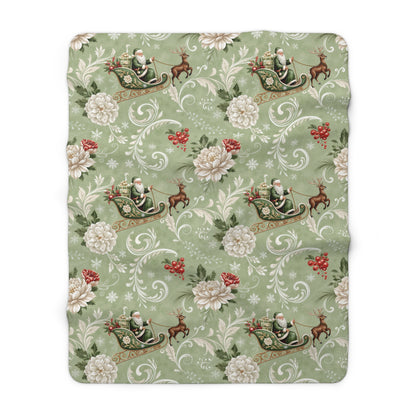 Floral Santa Sleigh Luxurious Sherpa Fleece Blanket