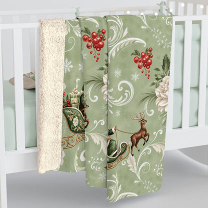 Floral Santa Sleigh Luxurious Sherpa Fleece Blanket