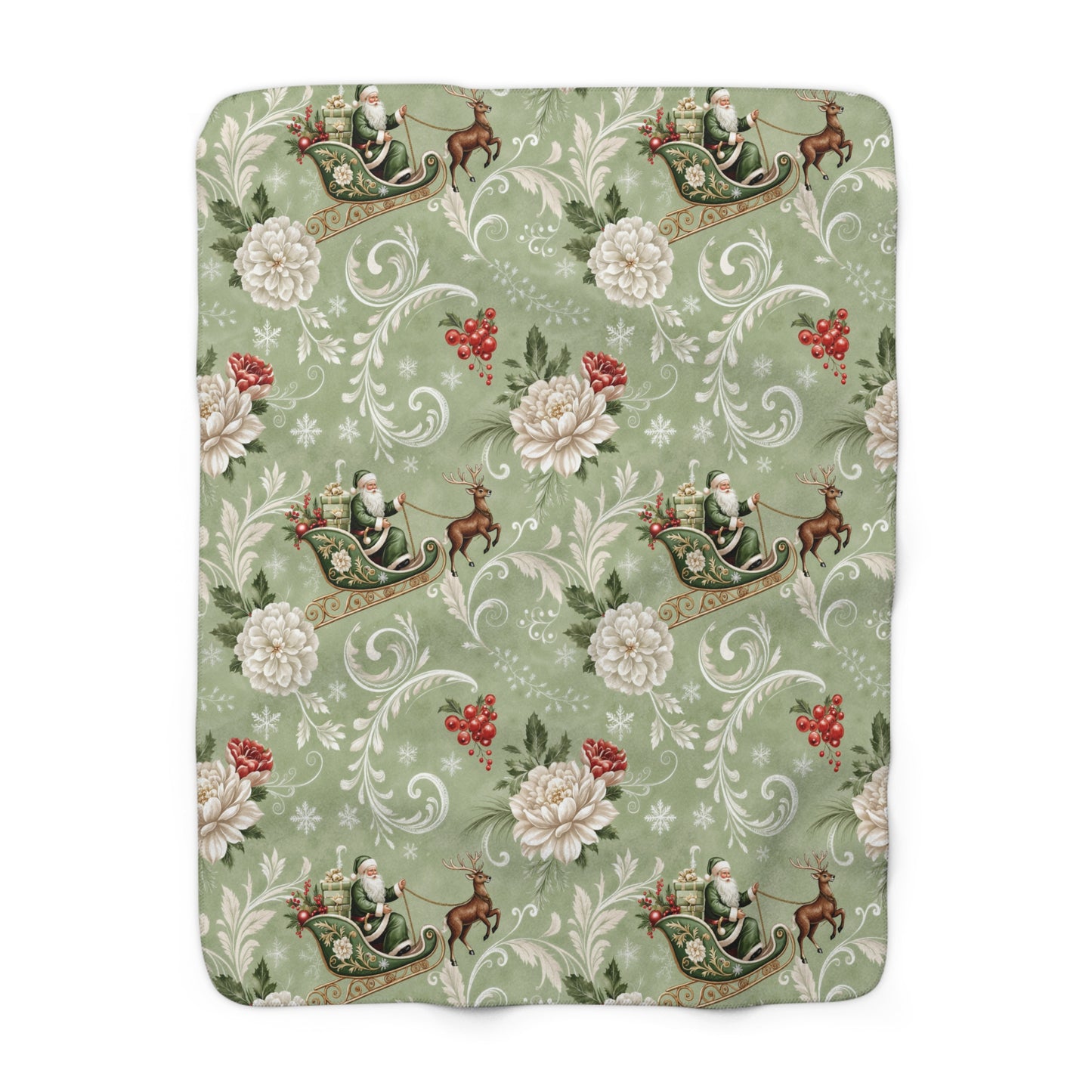 Floral Santa Sleigh Luxurious Sherpa Fleece Blanket