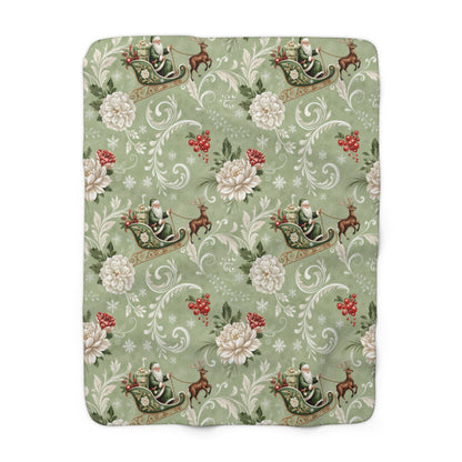 Floral Santa Sleigh Luxurious Sherpa Fleece Blanket