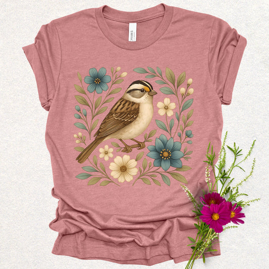 Cottagecore Floral Birds Tee (White Throat Sparrow)