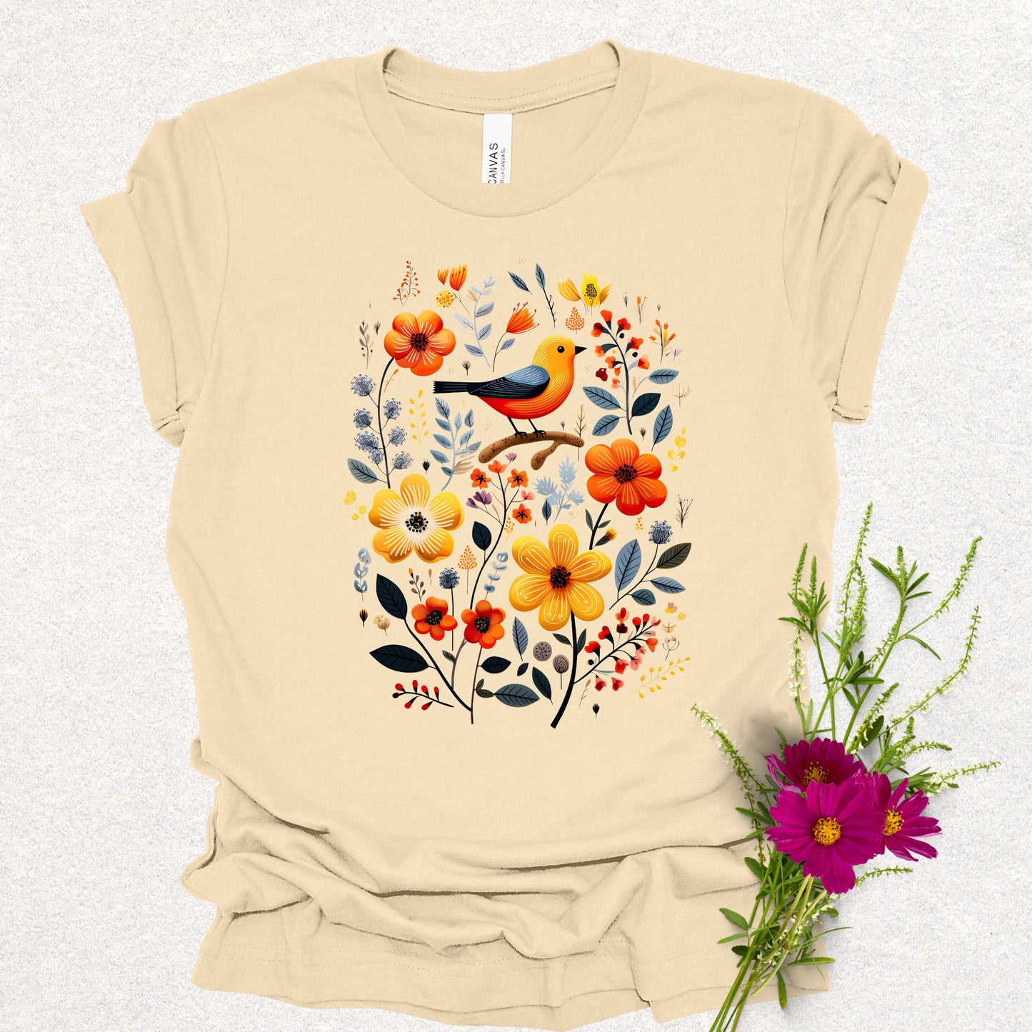 Golden Notes & Petals Floral Bird Tee