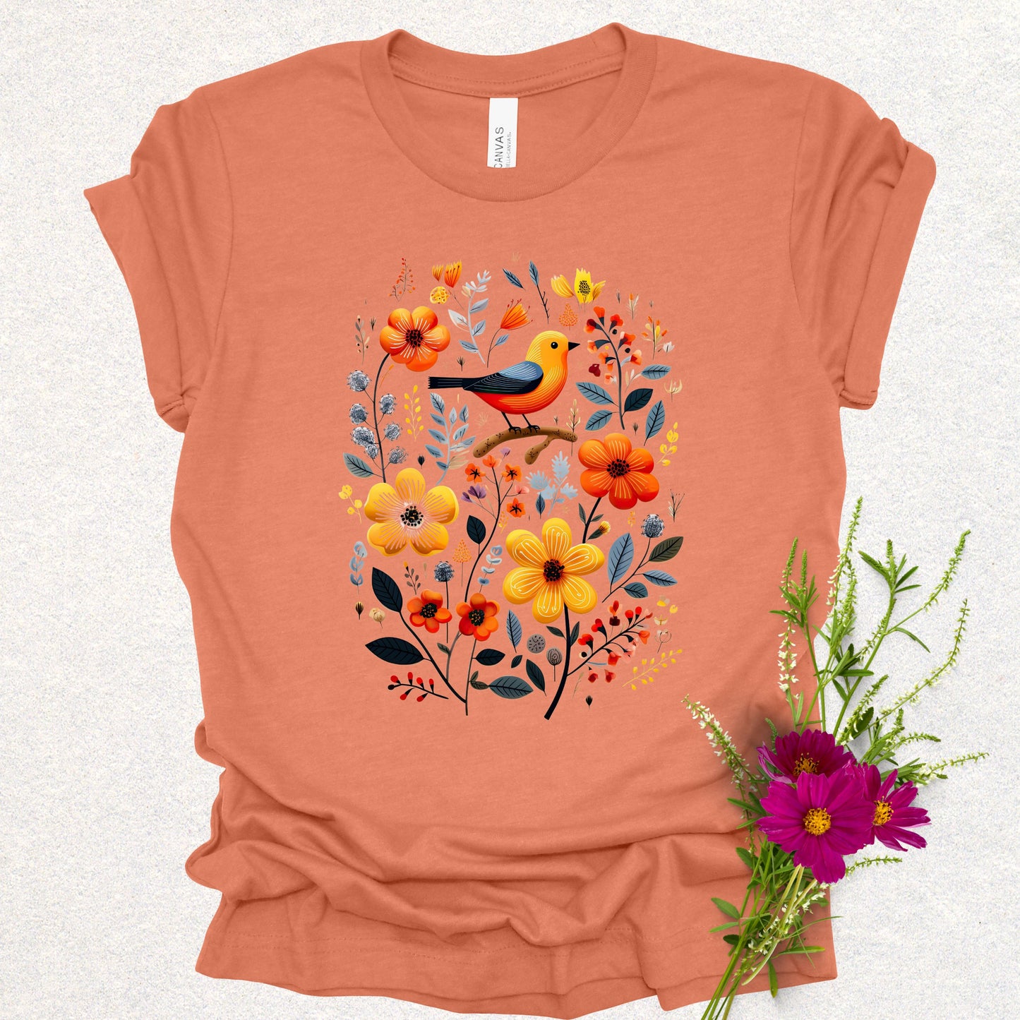 Golden Notes & Petals Floral Bird Tee