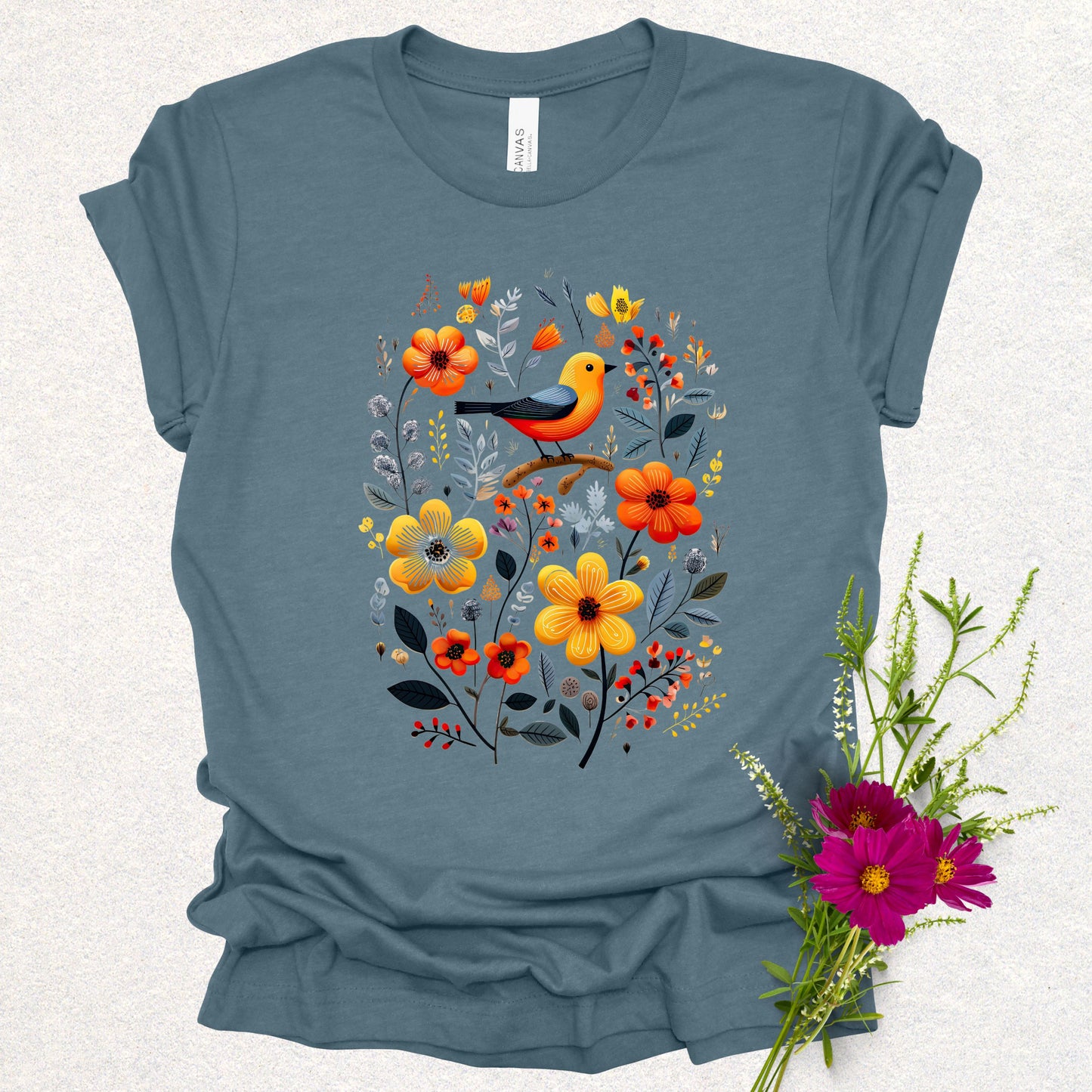 Golden Notes & Petals Floral Bird Tee
