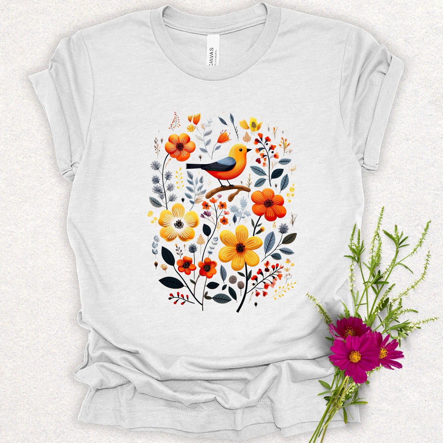 Golden Notes & Petals Floral Bird Tee