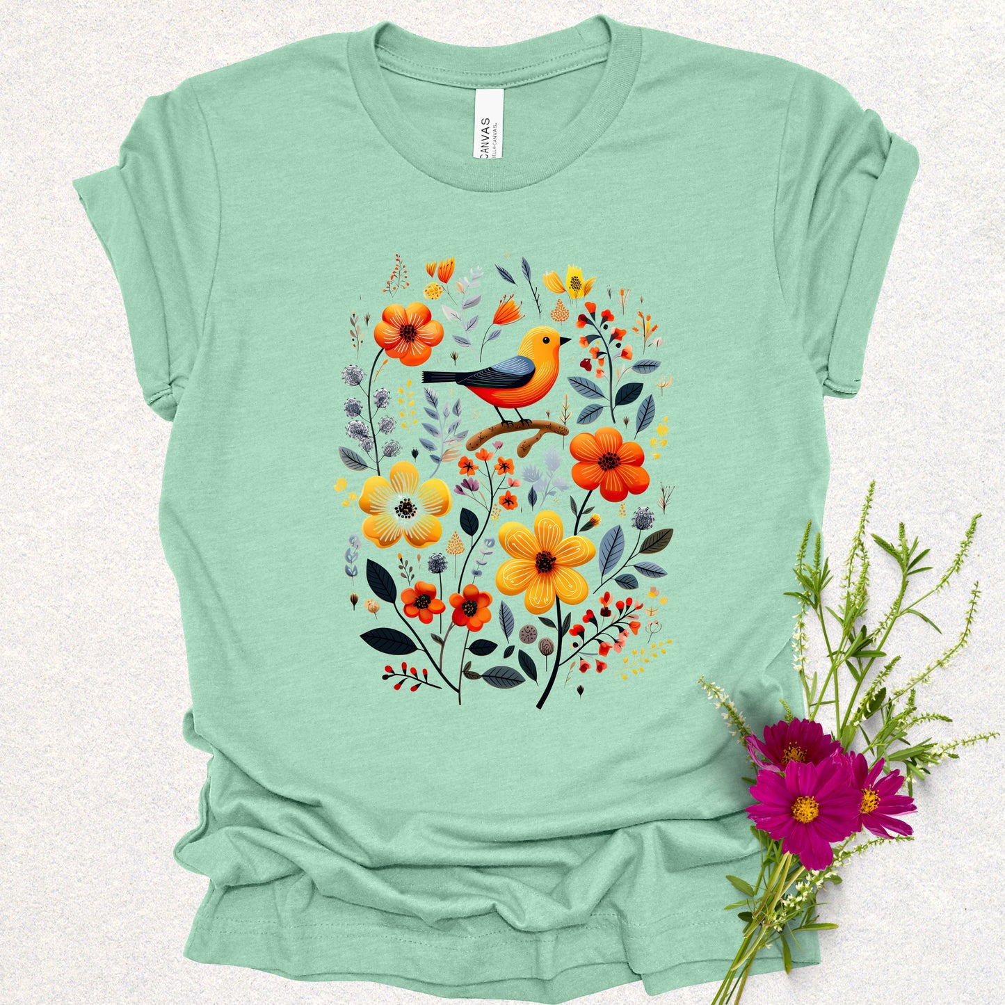 Golden Notes & Petals Floral Bird Tee