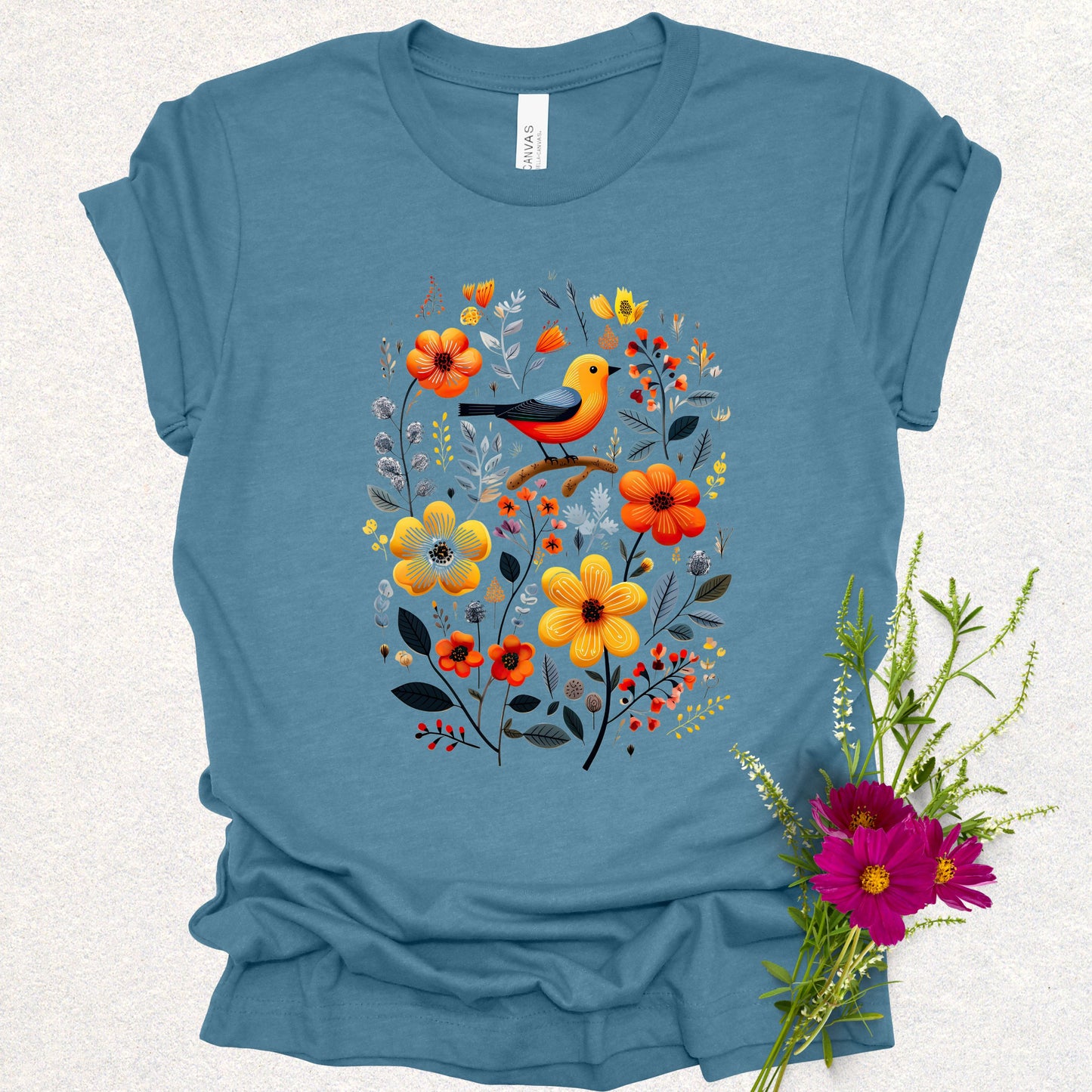 Golden Notes & Petals Floral Bird Tee