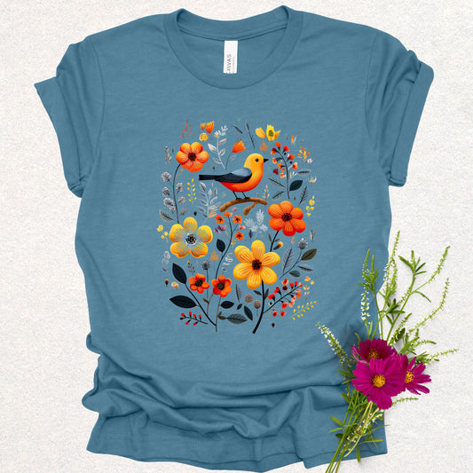Golden Notes & Petals Floral Bird Tee