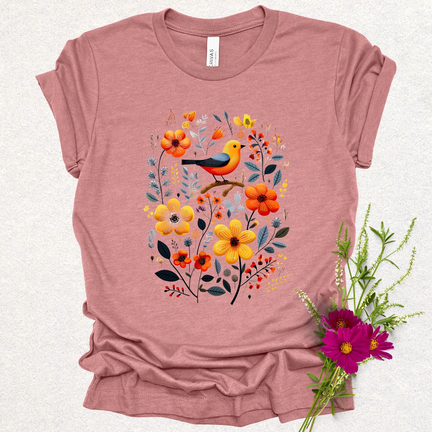 Golden Notes & Petals Floral Bird Tee