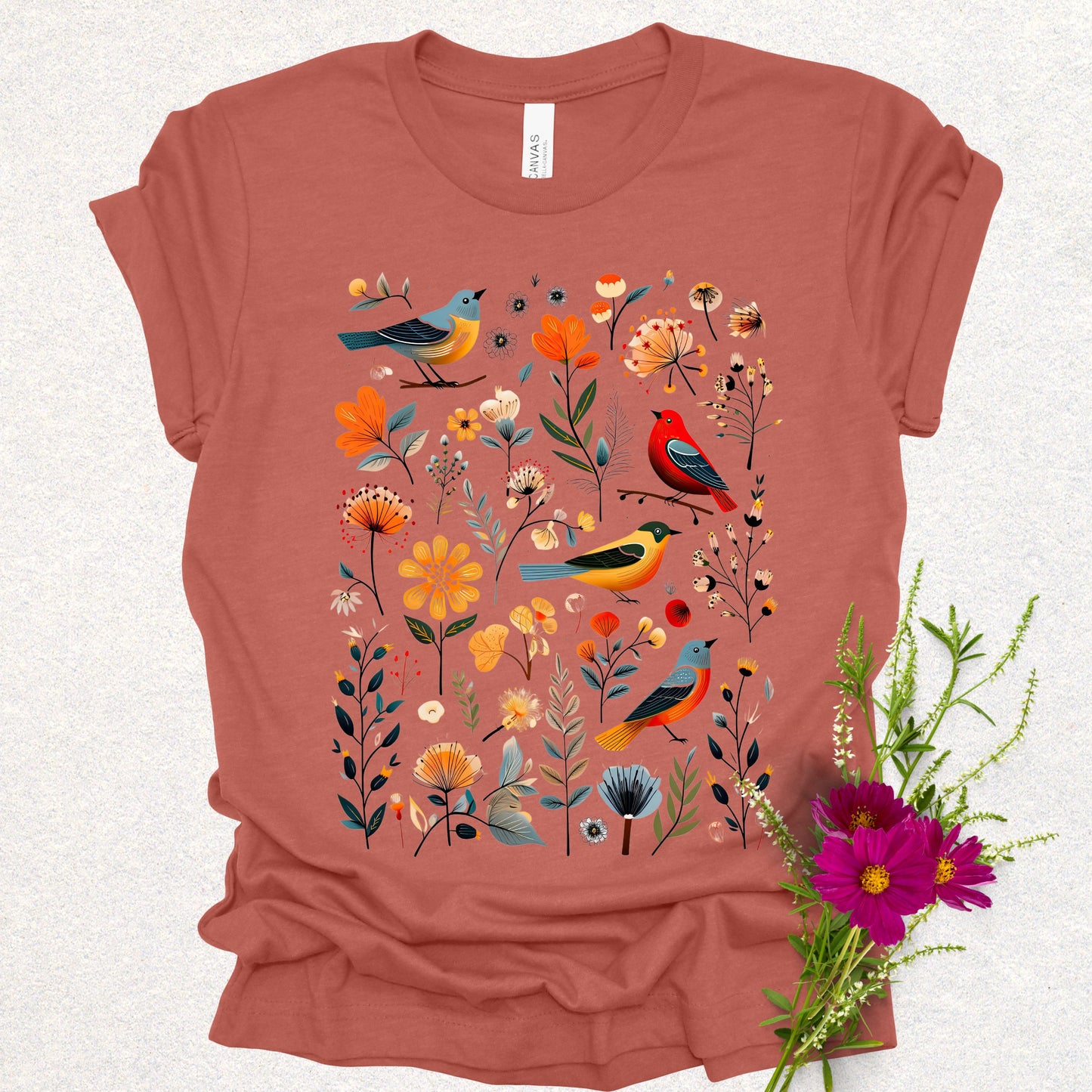 Botanical Serenade Floral Birds Tee