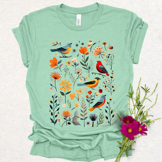 Botanical Serenade Floral Birds Tee