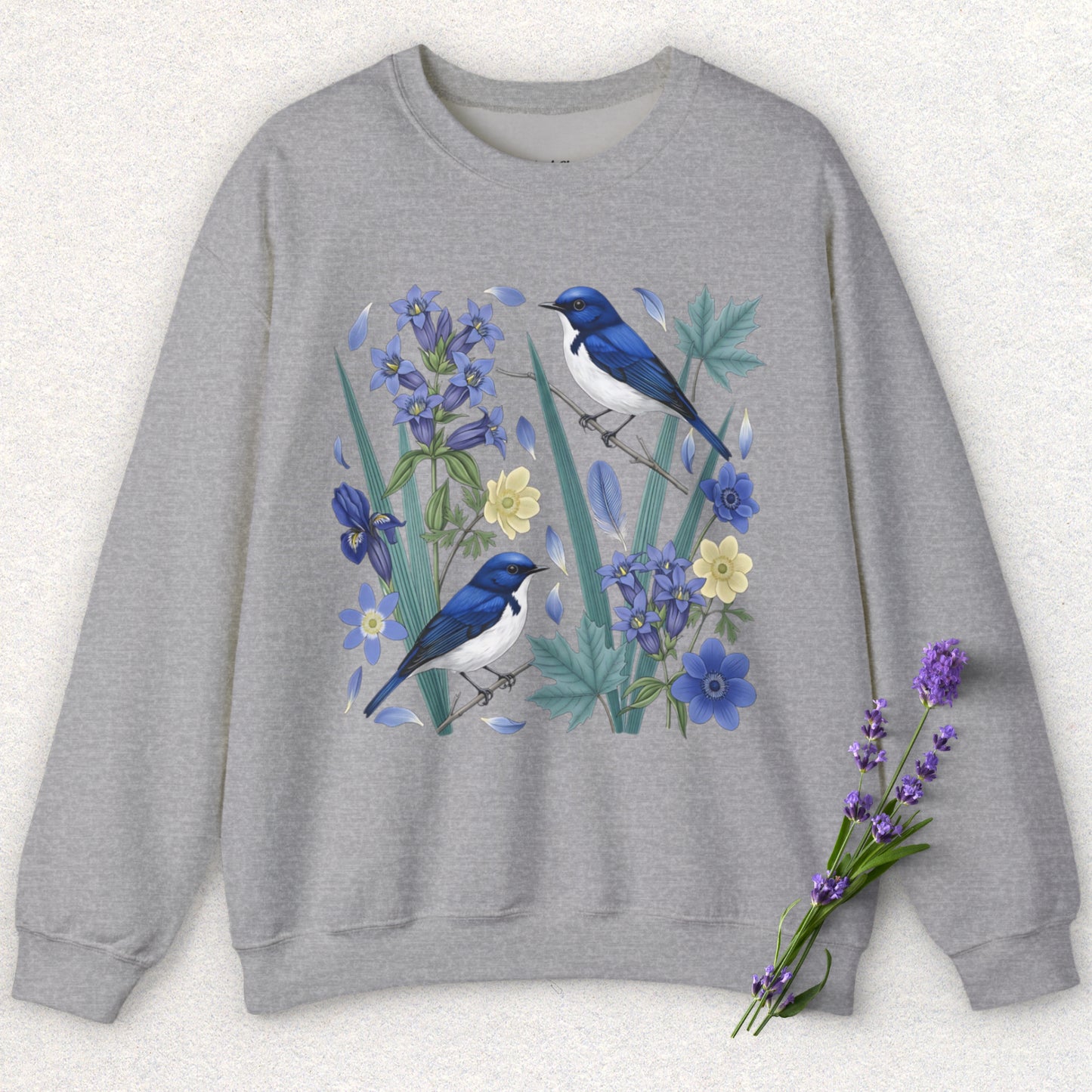 Blue Flycatcher Floral Bird Sweatshirt