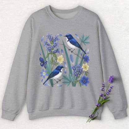 Blue Flycatcher Floral Bird Sweatshirt