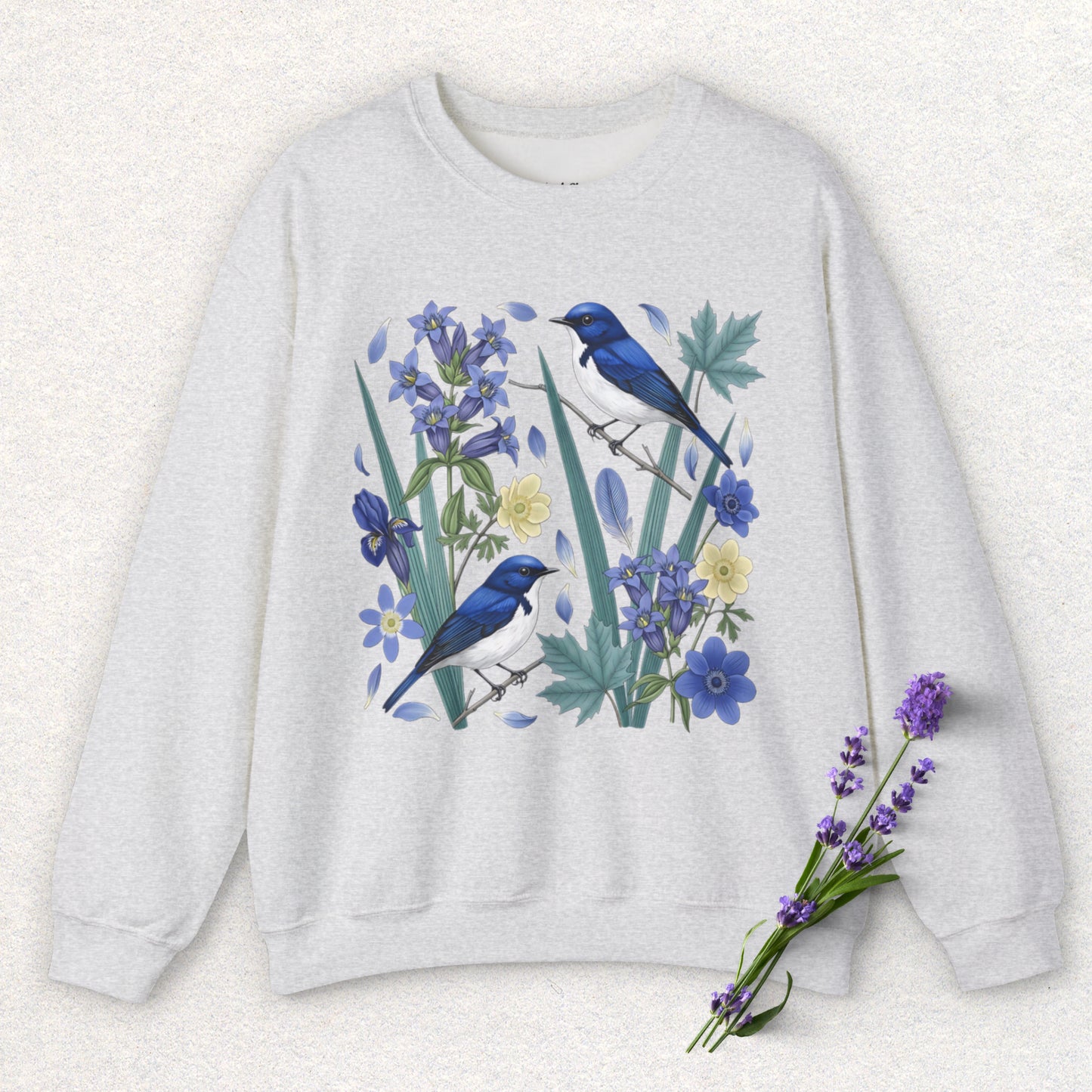 Blue Flycatcher Floral Bird Sweatshirt