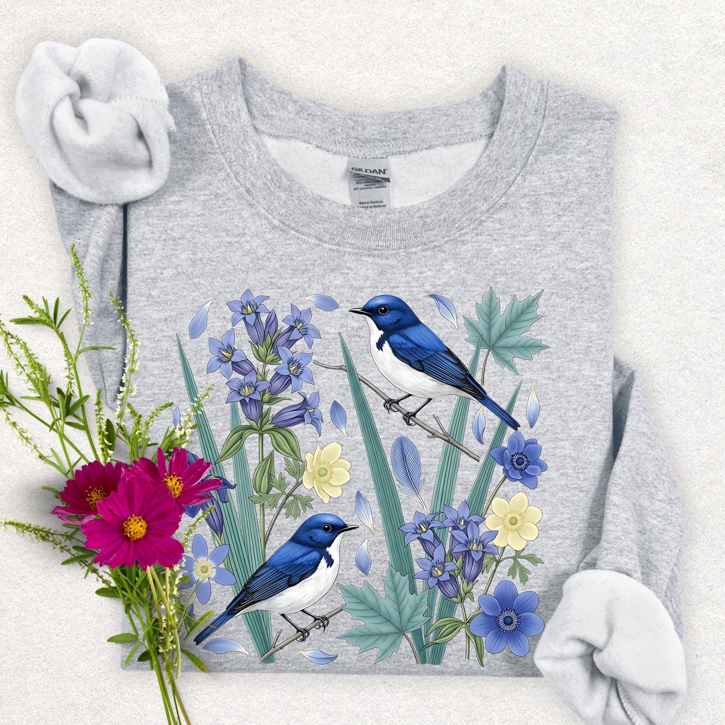 Blue Flycatcher Floral Bird Sweatshirt