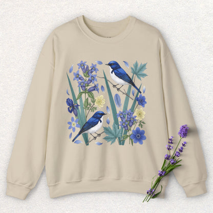 Blue Flycatcher Floral Bird Sweatshirt