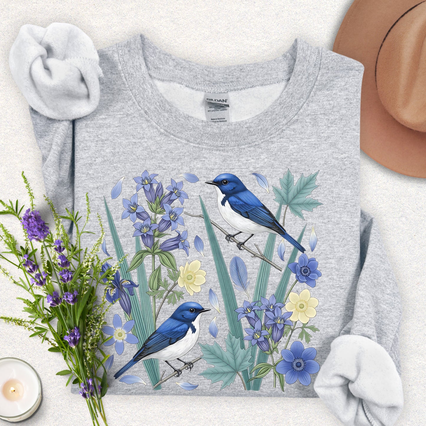 Blue Flycatcher Floral Bird Sweatshirt