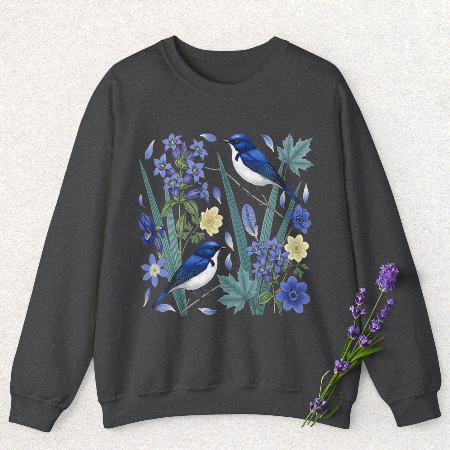 Blue Flycatcher Floral Bird Sweatshirt