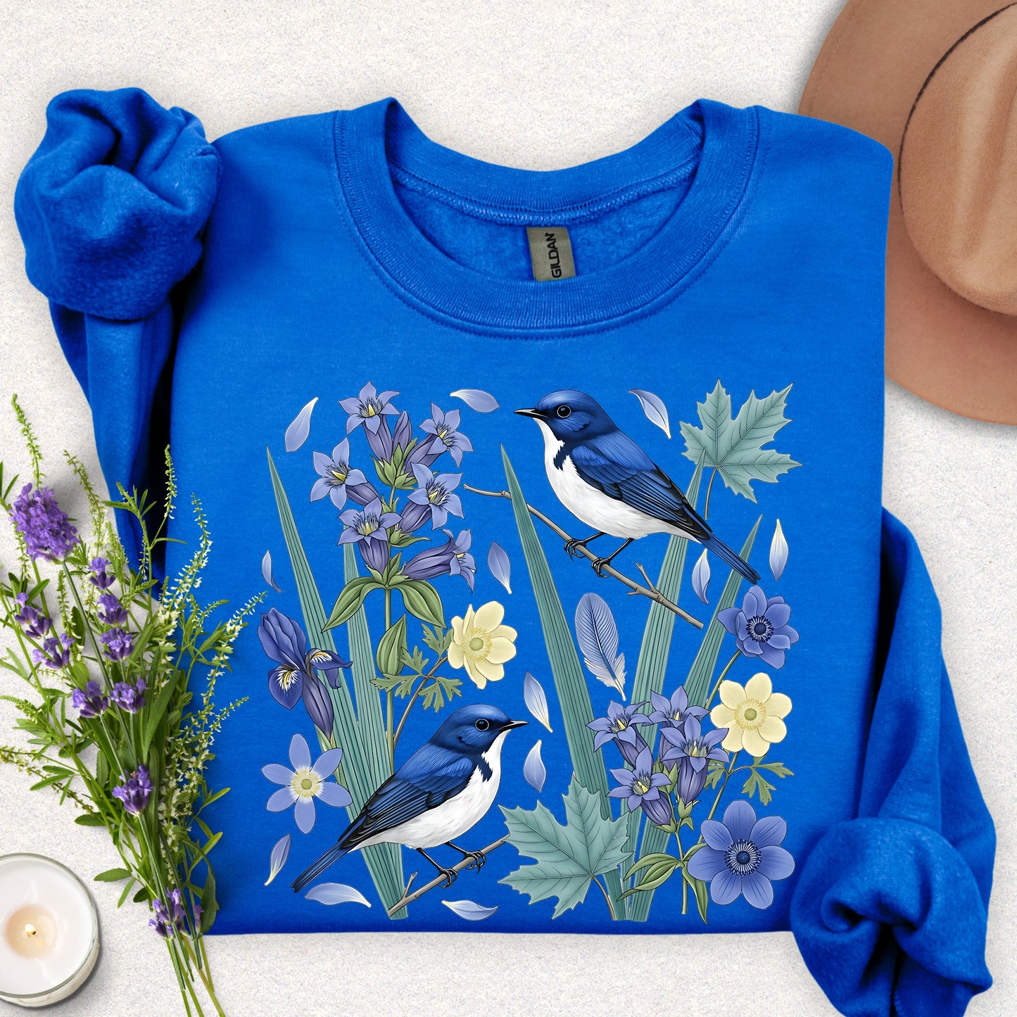 Blue Flycatcher Floral Bird Sweatshirt