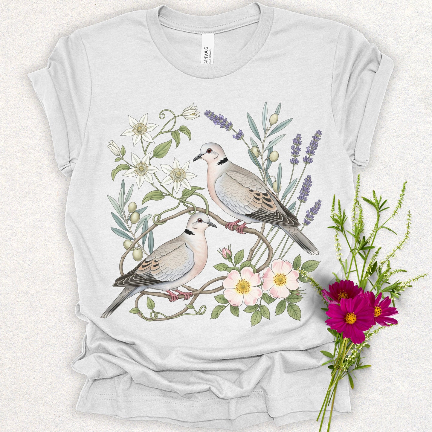 Songbird Series - Eurasian Collared Doves Floral Tee