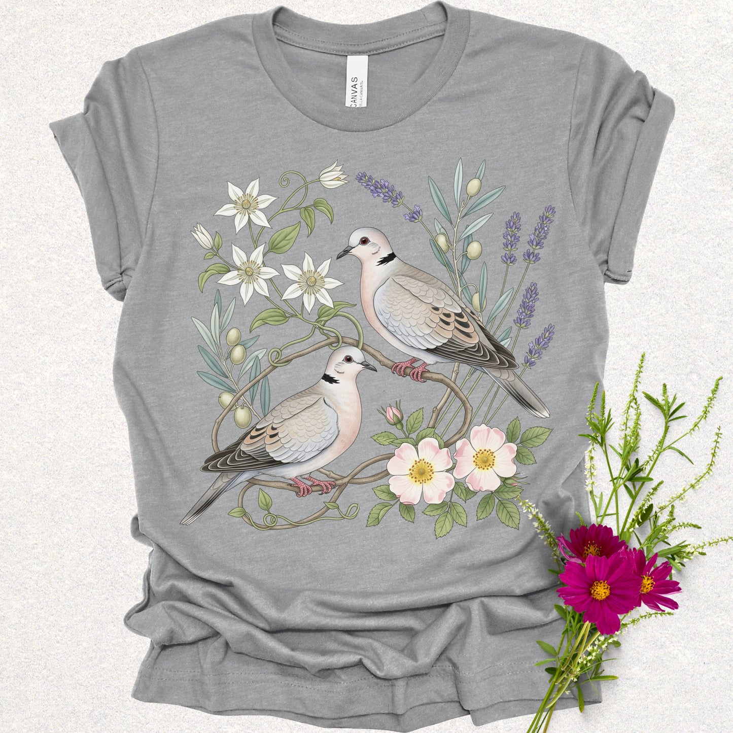 Songbird Series - Eurasian Collared Doves Floral Tee