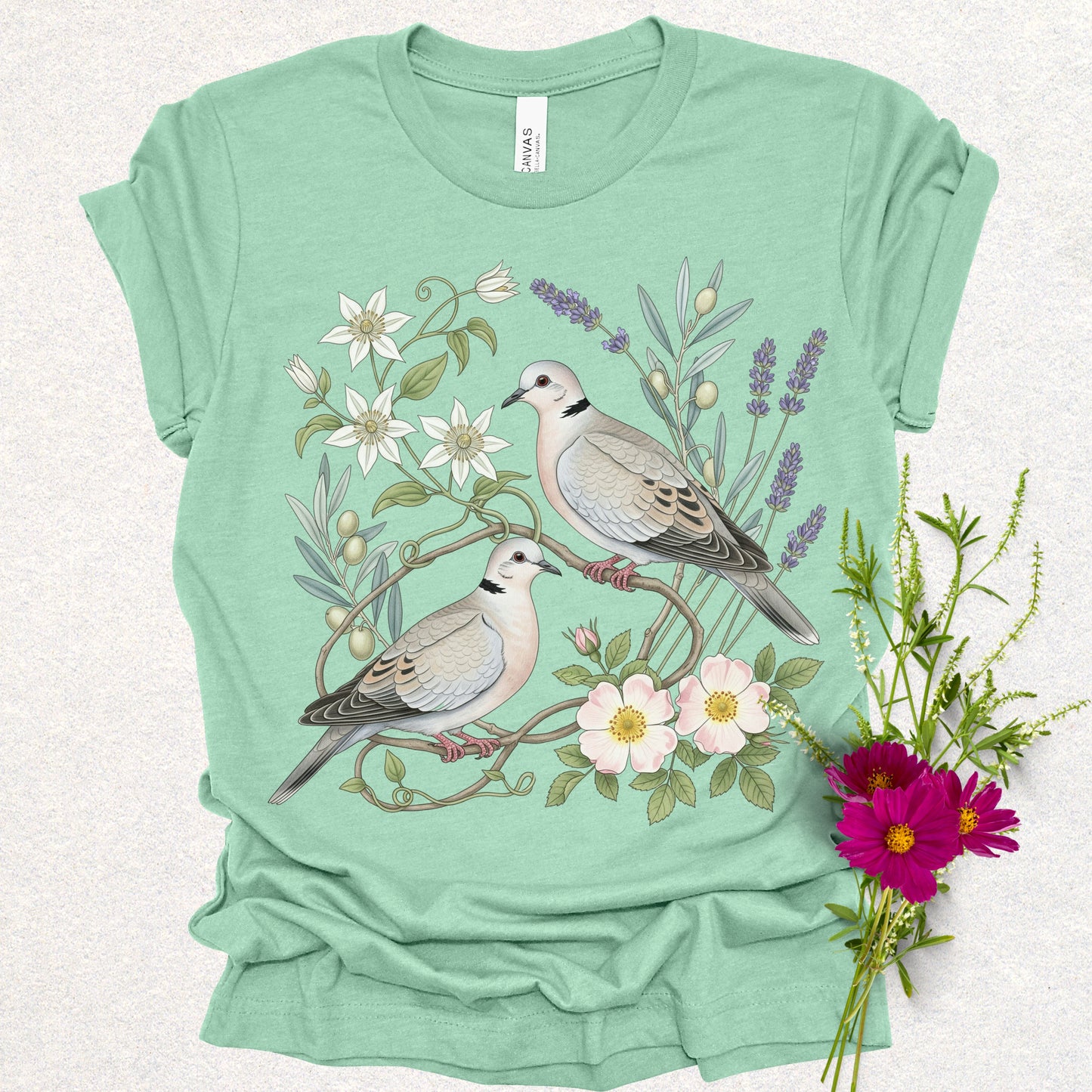 Songbird Series - Eurasian Collared Doves Floral Tee