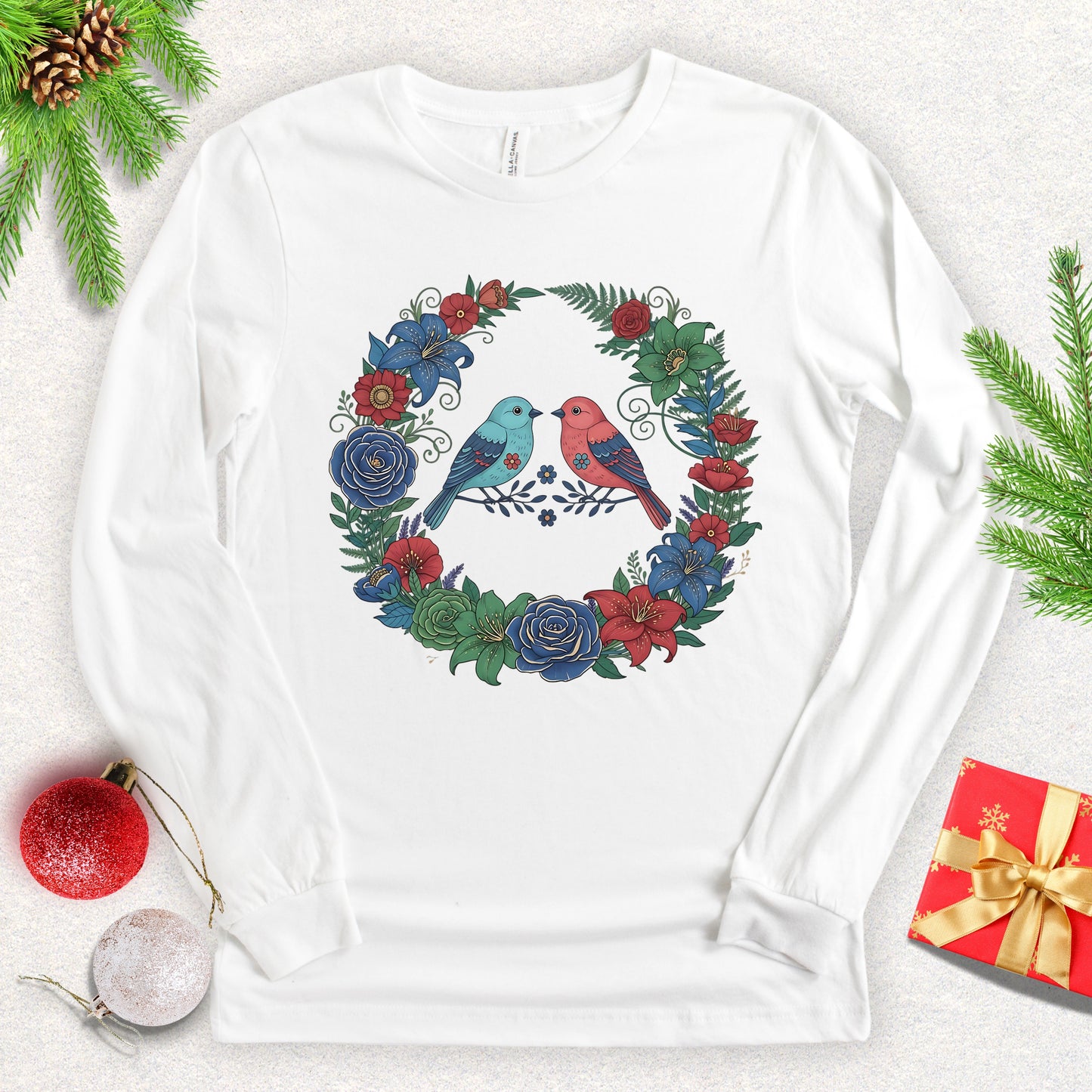 Christmas Lovebirds Wreath Long Sleeve Shirt