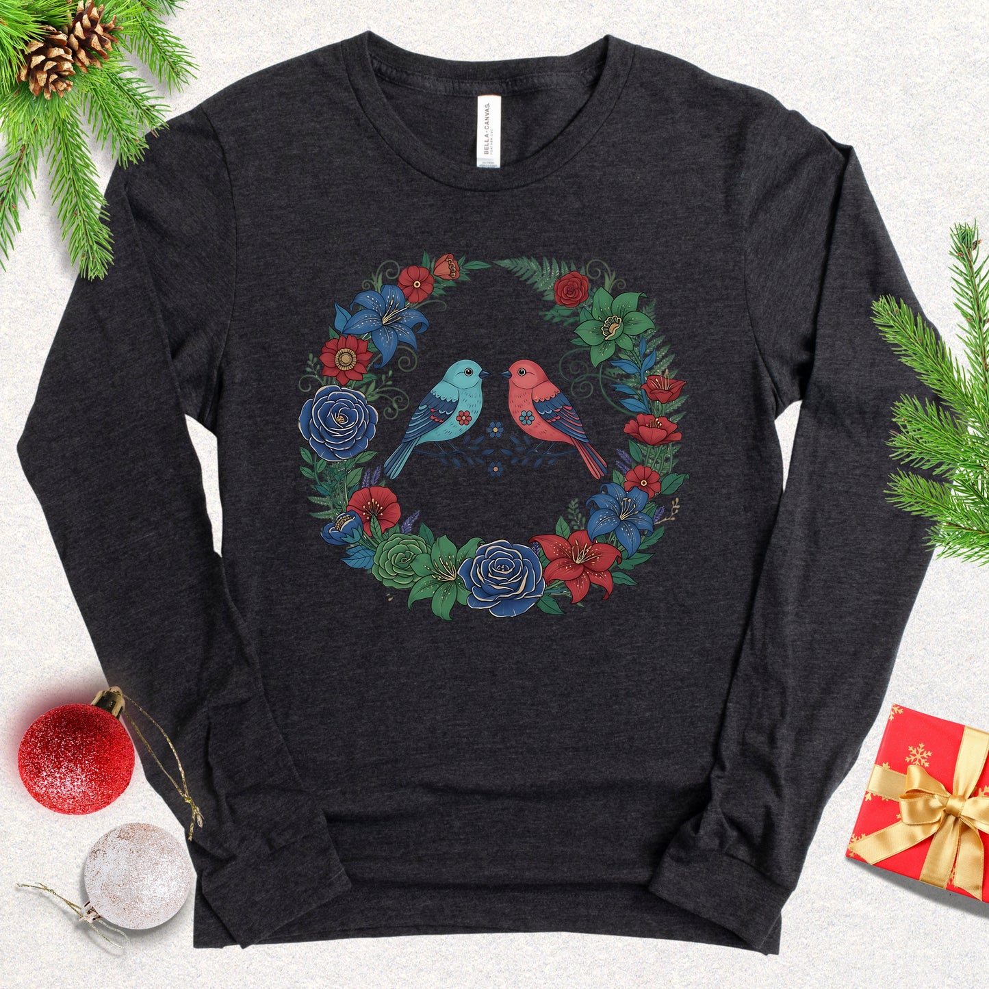Christmas Lovebirds Wreath Long Sleeve Shirt