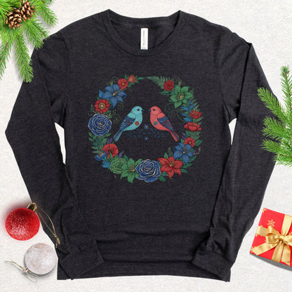 Christmas Lovebirds Wreath Long Sleeve Shirt