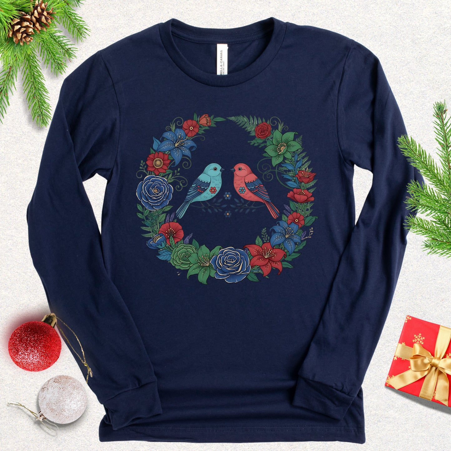 Christmas Lovebirds Wreath Long Sleeve Shirt