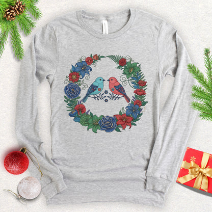 Christmas Lovebirds Wreath Long Sleeve Shirt