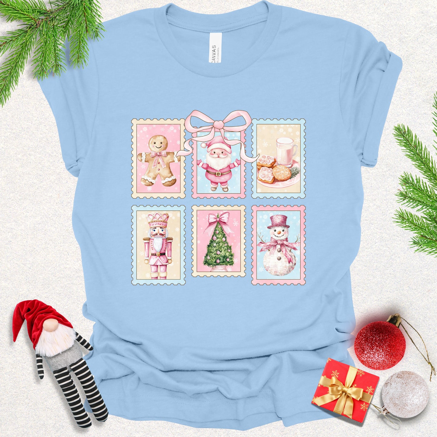 Vintage Stamps Pink Christmas Tee