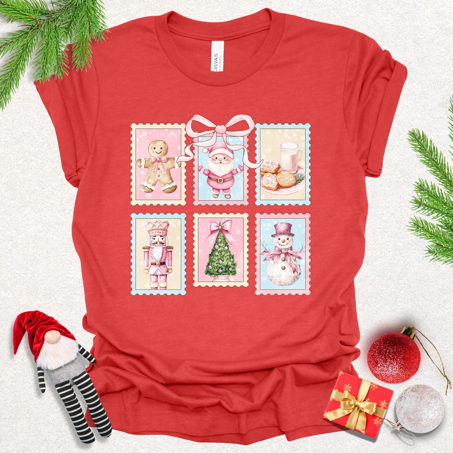 Vintage Stamps Pink Christmas Tee