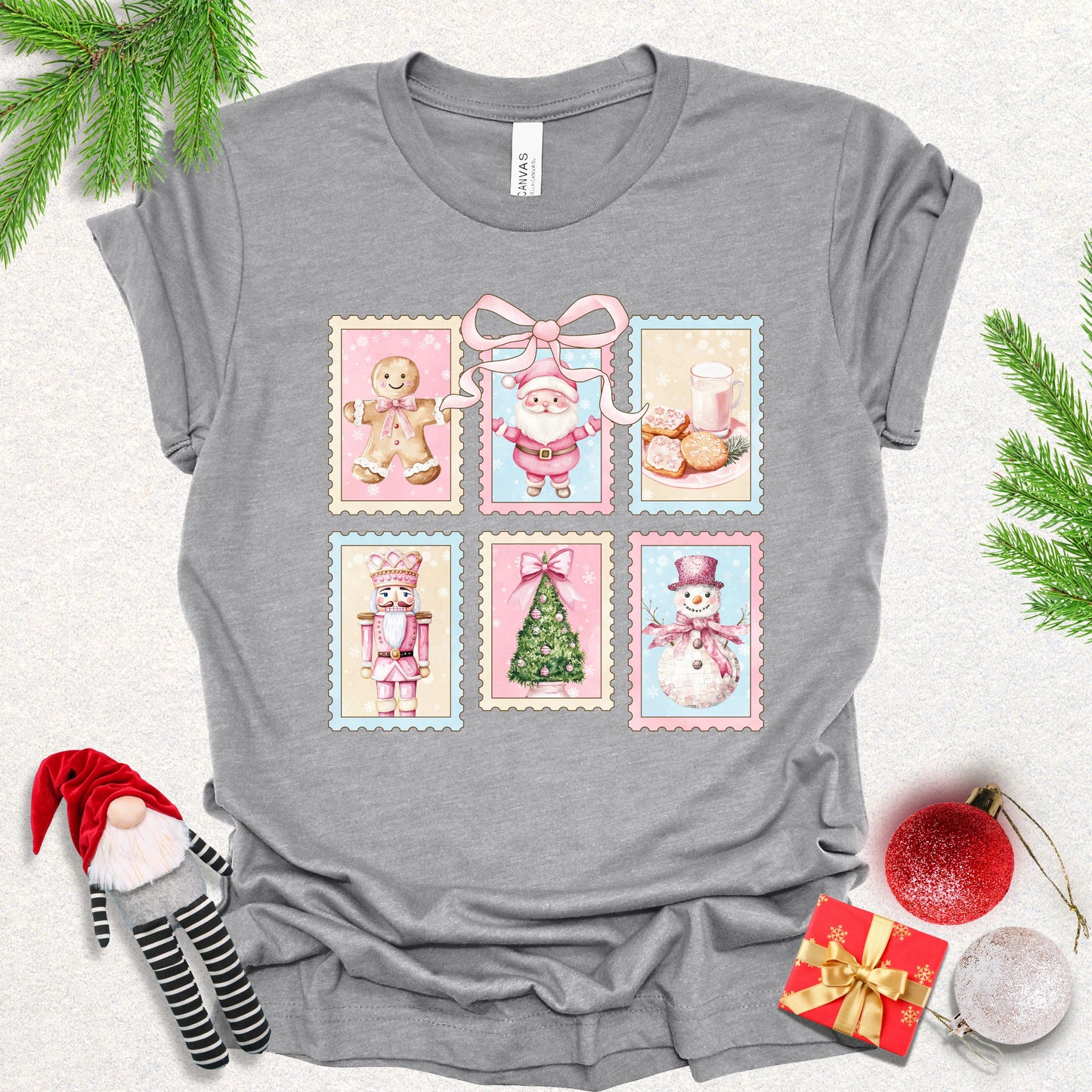 Vintage Stamps Pink Christmas Tee