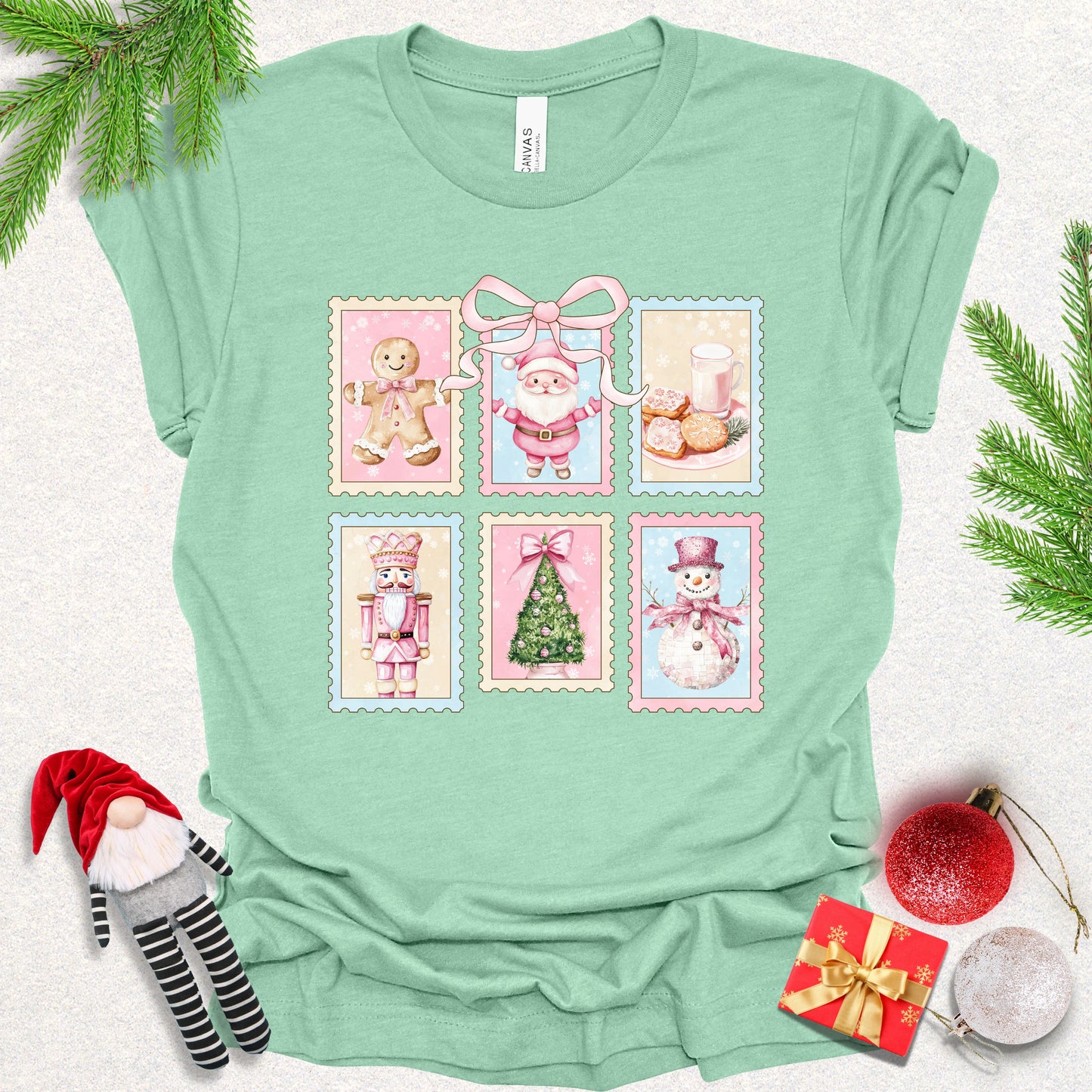 Vintage Stamps Pink Christmas Tee