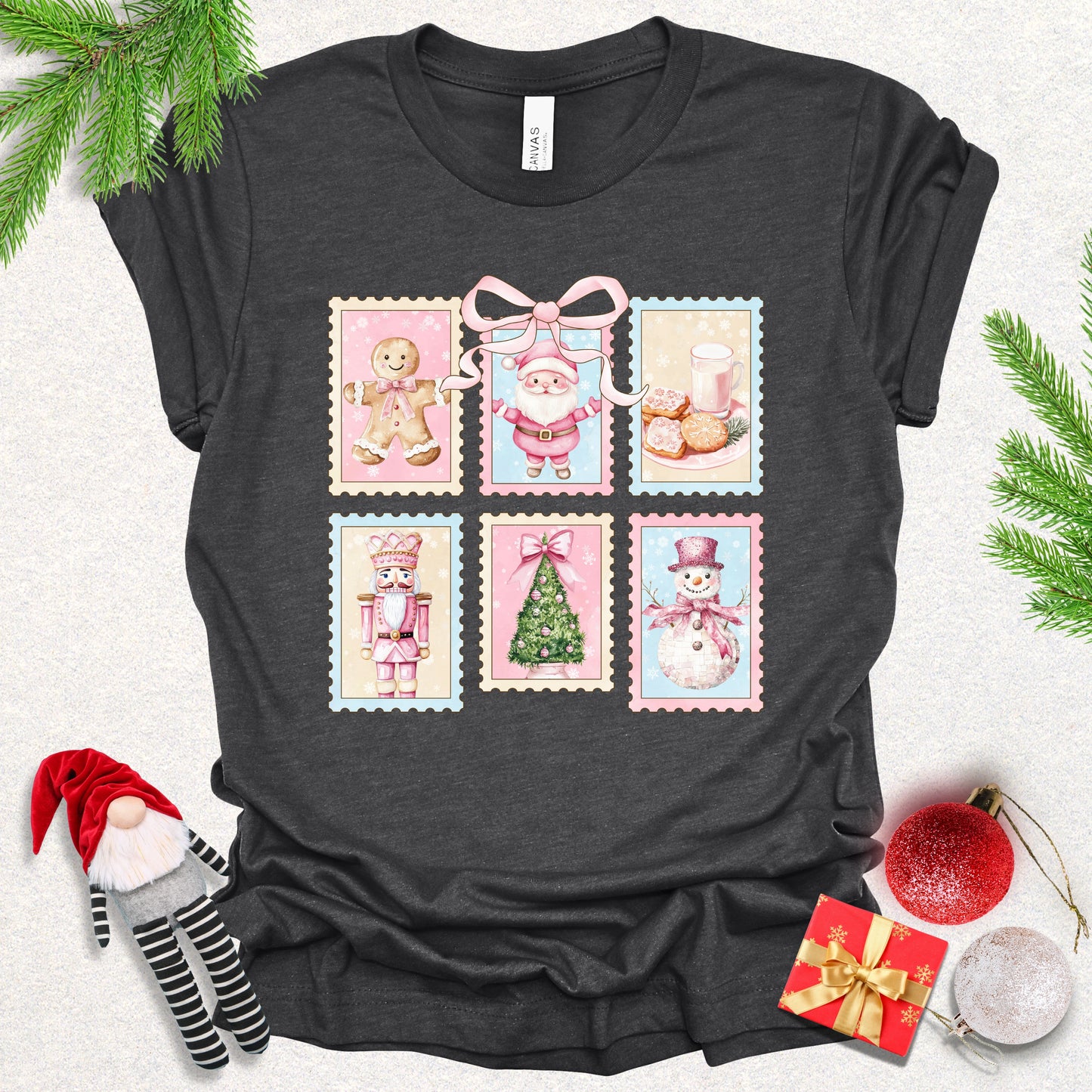 Vintage Stamps Pink Christmas Tee