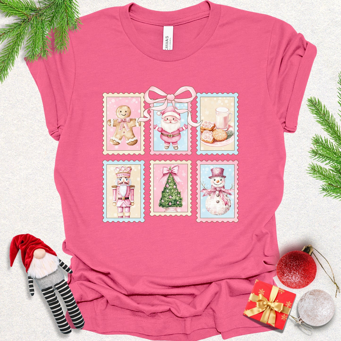 Vintage Stamps Pink Christmas Tee