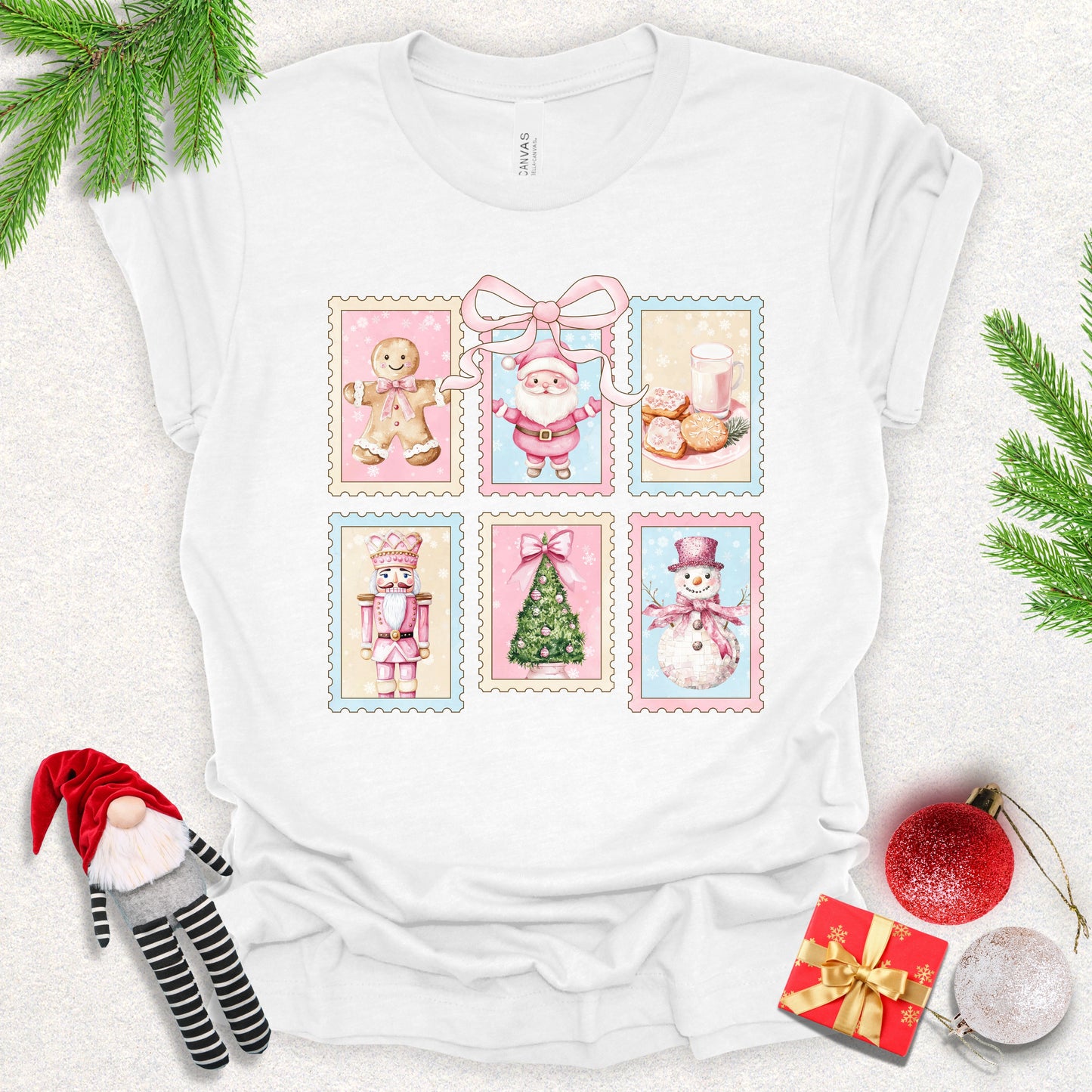 Vintage Stamps Pink Christmas Tee