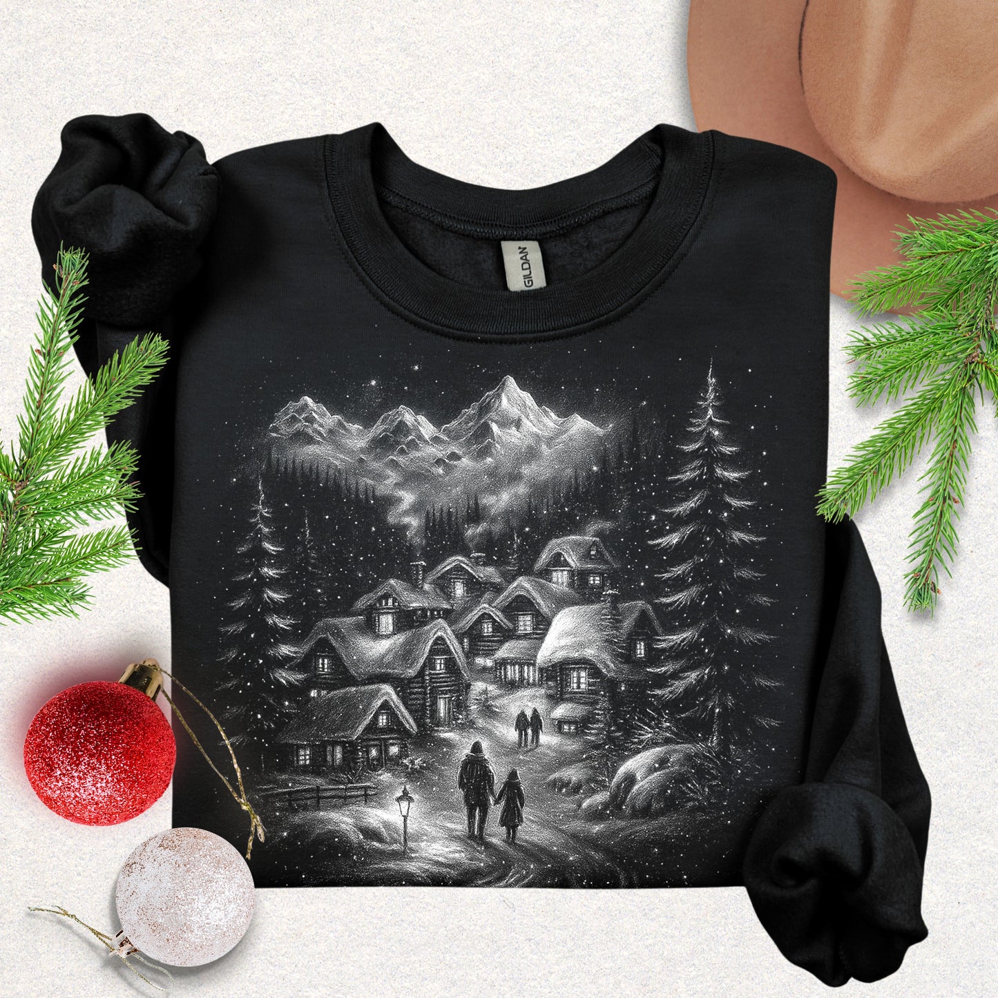 Silent Night Snowy Mountain Village Sweatshirt
