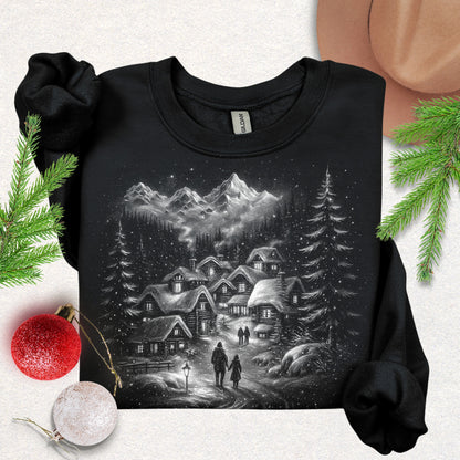 Silent Night Snowy Mountain Village Sweatshirt