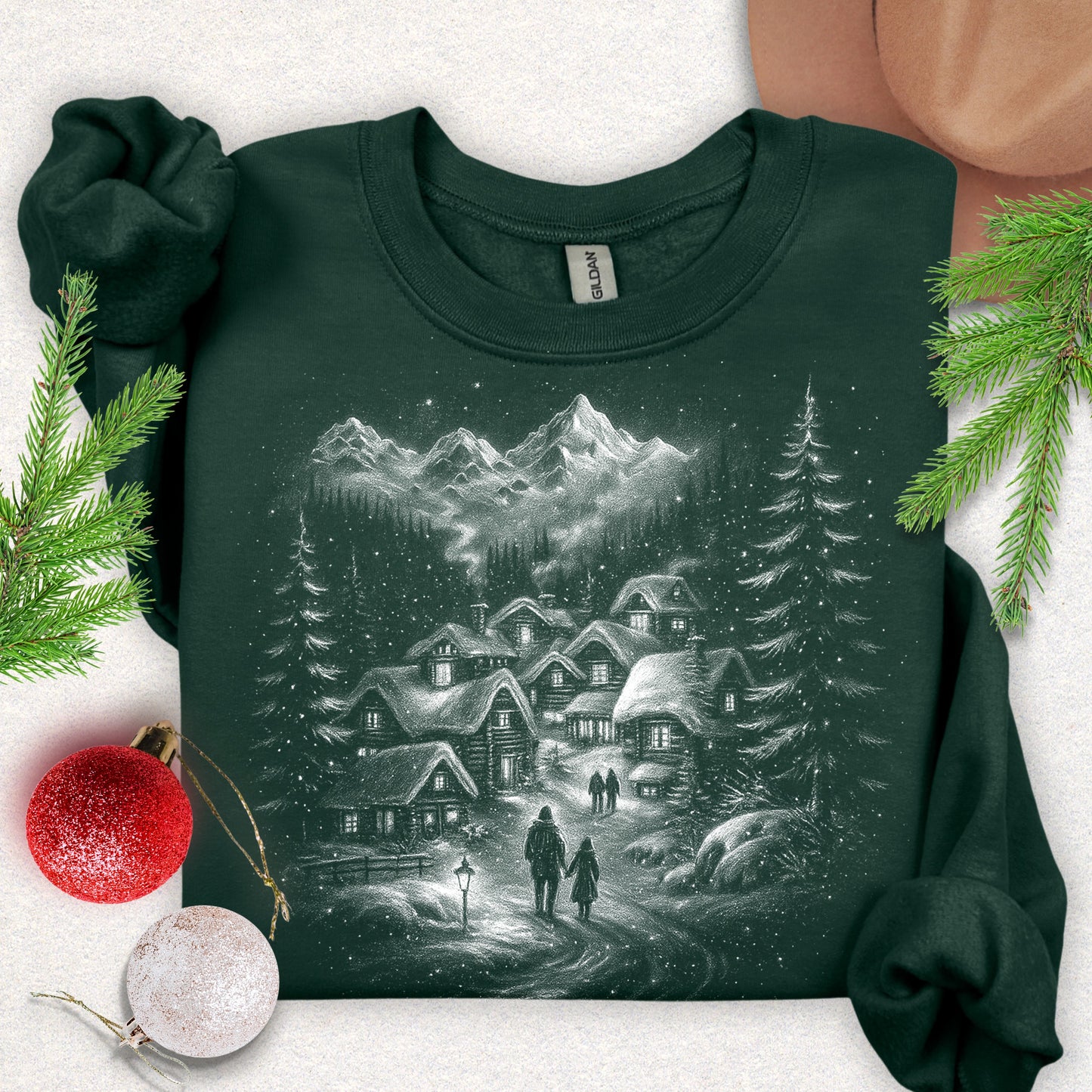 Silent Night Snowy Mountain Village Sweatshirt