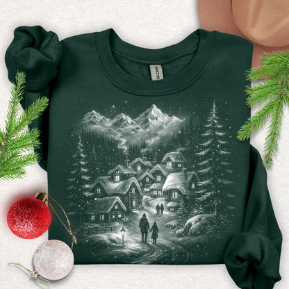 Silent Night Snowy Mountain Village Sweatshirt